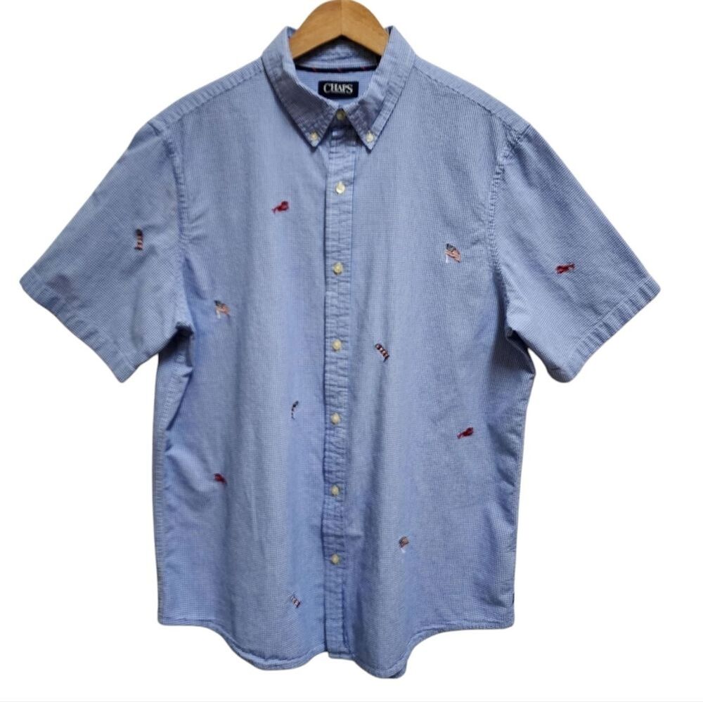Chaps Shirt Mens Sz XL Blue Check Seersucker Lighthouse Lobster USA Flag Button